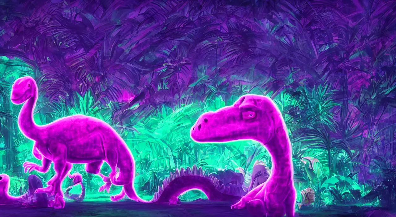 Image similar to spectral purple neon dinosaur, spectral neon pink dinosaur, spectral yellow neon dinosaur, green jungle background, detailed, ultrawide landscape