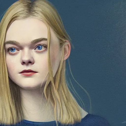 Image similar to professional painting of Elle Fanning in the style of Quint Buchholz, head and shoulders portrait, symmetrical facial features, smooth, sharp focus, illustration, intricate, stormy weather, extremely detailed masterpiece,