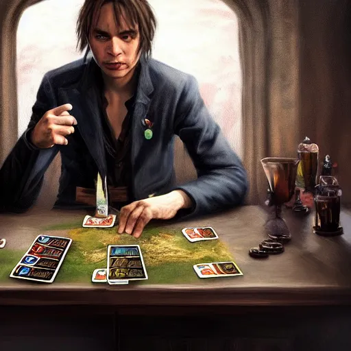 Prompt: frank dillane playing magic the gathering in a pub, realistic, detailed, intricate, digital painting, trending on artstation