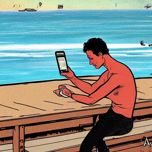 Prompt: smartphone addicted man on the seaside, comic art by Andrea Pazienza