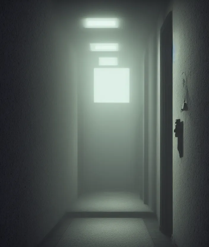 Prompt: a dark hallway, at the end there is a mysterious illuminated door with a neonsign in the style of rhads, xf iq 4, f / 1. 4, iso 2 0 0, 1 / 1 6 0 s, 8 k, raw, featured in artstation, octane render, cinematic, elegant, intricate, 8 k,