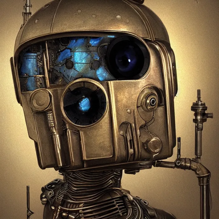 Prompt: portrait of a labradorite c 3 po droid, silver metal, clockwork steampunk, dieselpunk, head and chest only, by beksinski, 4 k, deviantart, trending on artstation