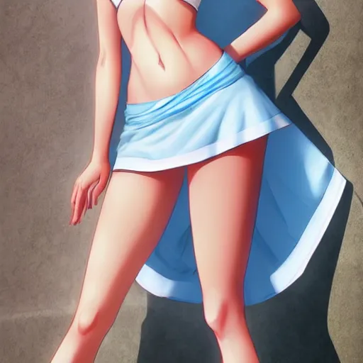 Prompt: full body shot : a very beautiful young blond basketball anime girl, sky blue eyes, bikini, white miniskirt, highly detailed, cinematic wallpaper by stanley artgerm lau