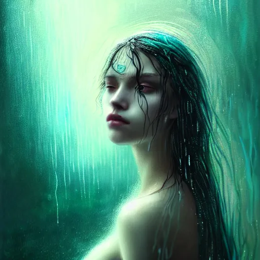Prompt: girl in rain with wet hair and face, teal, fantasy, intricate, elegant, dramatic lighting, emotionally evoking symbolic metaphor, highly detailed, lifelike, photorealistic, digital painting, artstation, concept art, smooth, sharp focus, illustration, art by John Collier and Albert Aublet and Krenz Cushart and Artem Demura and Alphonse Mucha