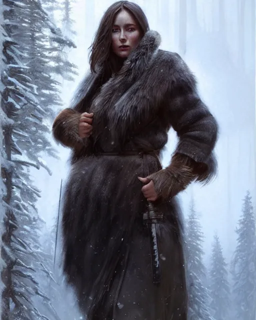 Image similar to a female nordic berserker with bear fur coat | | realistic shaded, fine details, realistic shaded lighting poster by greg rutkowski, magali villeneuve, artgerm, jeremy lipkin and michael garmash and rob rey