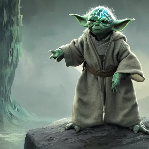 Image similar to middle-aged yoda floating, au naturel, hyper detailed, digital art, trending on artstation, cinematic lighting, studio quality, smooth render, unreal engine 5 rendered, octane rendered, art style by klimt and nixeu and ian sprigger and wlop and krenz cushart