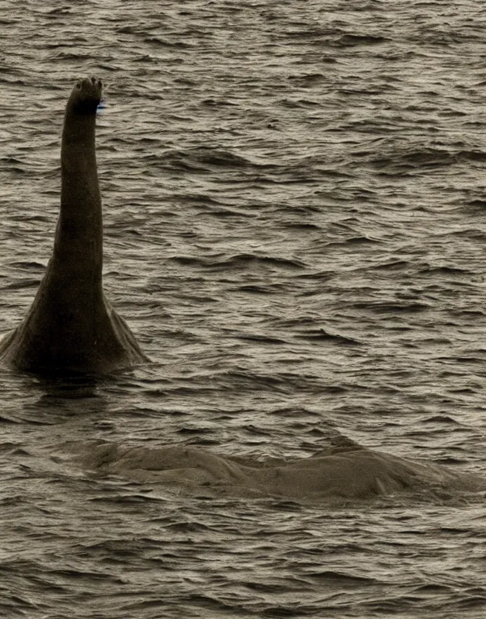 Prompt: An alleged photo of Loch Ness Monster taken by wilderness explorer