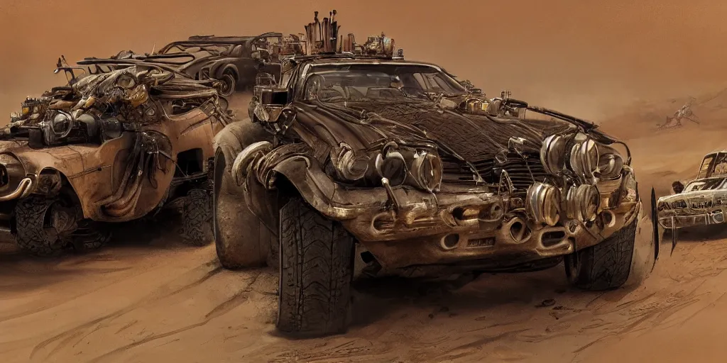 Image similar to an environmental concept art from mad max fury road, single muscle car speeding through the desert, exposing shiny engine, mechanical, highly detailed, cinematic, dramatic lighting by francis tneh