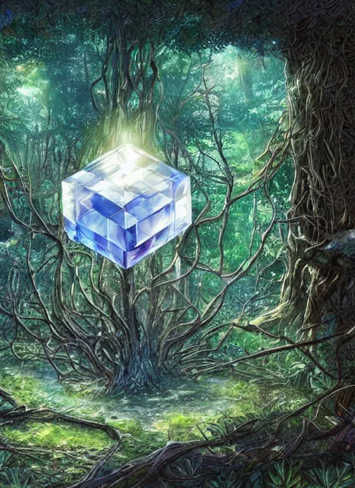 Prompt: a crystal cube in a forest, highly detailed, intricate, concept art, art station, cinematic light, realistic, ethereal light, art by Terry Moore