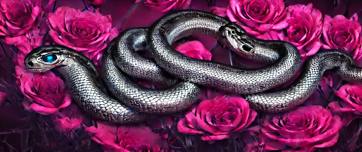 Image similar to hyperrealistic hyper detailed neo-surreal 35mm portrait of cyborg snake covered in gothic flowers matte painting concept art hannah yata dali very dramatic dark pink lighting low angle hd 8k sharp shallow depth of field