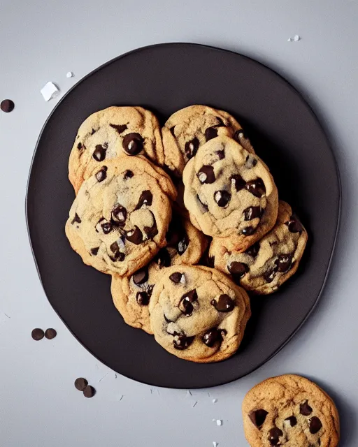 Image similar to plate full of several freshly baked chocolate chip cookies, delicious, glistening, chocolate sauce, highly detailed, award winning photography octane render