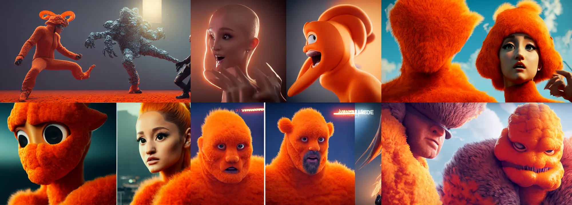 Prompt: ultrarealistic giant ariana grande wearing orange monster chicken suit vs jason statham in tokyo, octane render, substance painter, movie action still frame, cinematic lighting, volumetric lighting, extreme intricate details, artstation, dnd art, cgsociety, sharp focus, ultra wide angle, digital painting by yusuke murata, artgerm, gerald brom, wlop