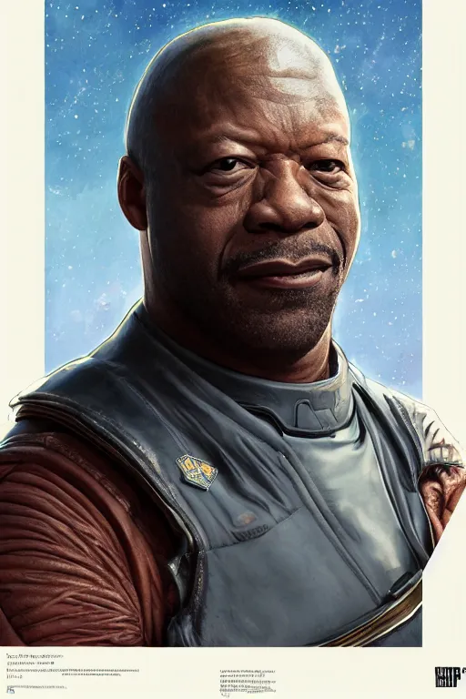 Image similar to upper body portrait of lennie james as baron harkonnen wearing leather spacesuit, detailed, sunshine, nebula space background, illustration by normal rockwell, artstation character art, john william waterhouse, concept art, greg rutkowski