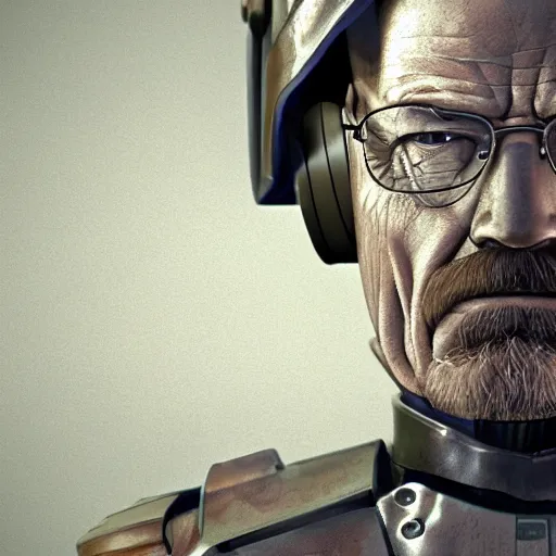 Image similar to Walter White in cybernetic battle armour, 4k octane render, highly detailed, concept art, Ralph McQuarrie