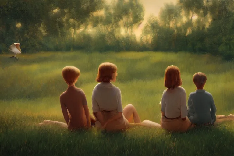 Prompt: beautiful painting, back view of friends sitting on the edge, cute, soft light, digital painting by diane arbus and ralph mcquarrie and harry bertoia octane render