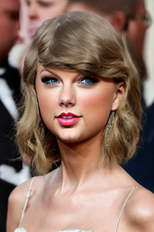 Prompt: waist - up photo of taylor swift in a beautiful wedding dress, focus on face and facial details