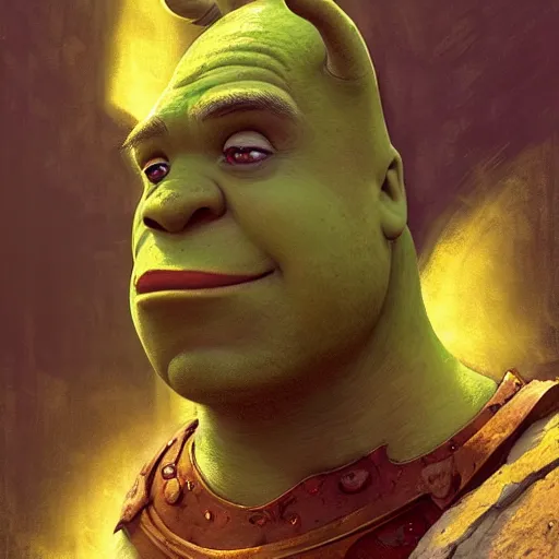 Image similar to shrek as an ancient mythological warrior deity, epic fantasy illustration, portrait, by greg rutkowski