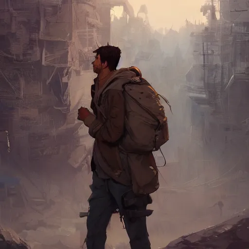 Prompt: character concept art of a hobo with rucksack, key visual, realistic shaded perfect face, fine details, dystopian environment and background, by stanley artgerm lau, wlop, rossdraws, james jean, andrei riabovitchev, marc simonetti, and sakimichan, trending on artstation in disco elysium