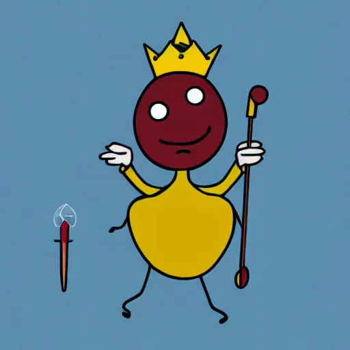 Image similar to kidney bean holding a staff, wearing crown, cartoon character, digital art, fun,