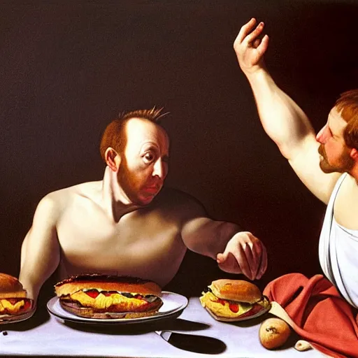 Prompt: Alex Jones desperately reaching for a hamburger, oil painting by Caravaggio