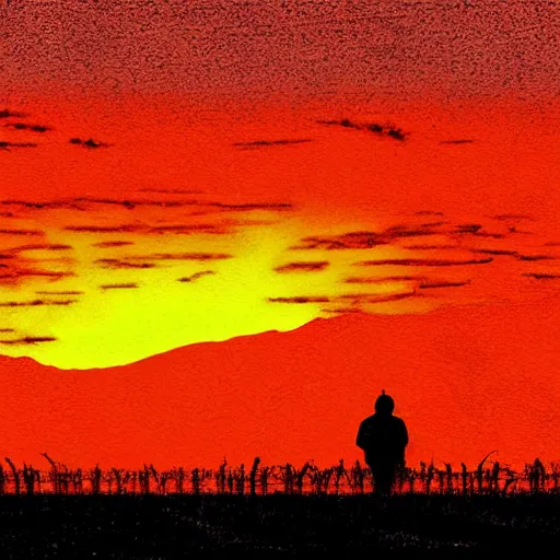 Image similar to view of the horizon of a japanese crop field, sun setting, sky is dark deep red, hazy vignette, silhouette of a man walking down the middle of the field towards viewer, few colors digital art