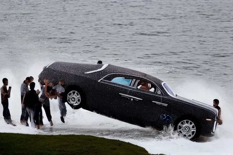 Image similar to Group of teenagers push Rolls-Royce into lake from small slide