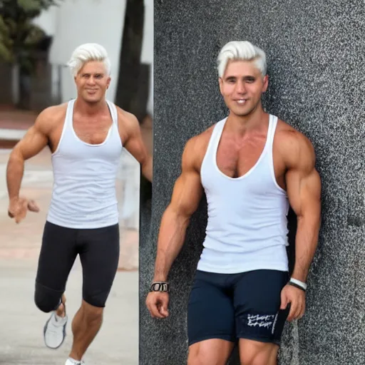 Image similar to rich young man, 3 2 years old, with short stubble, white colored hair, muscles, traning tank top, silver short leggings, showing biceps