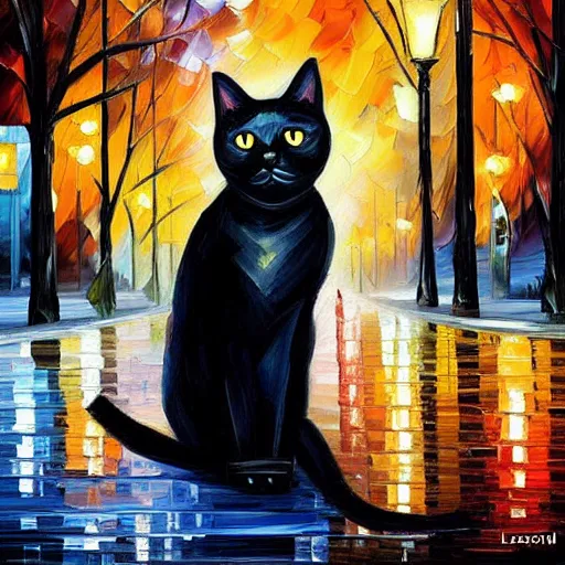 Prompt: oil painting of a black cat in the street by leonid afremov