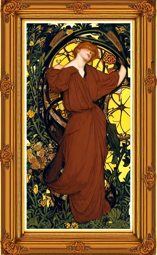 Image similar to full body reclining masterpiece of preraphaelite portrait photography, brown hair fringe, yellow ochre ornate medieval dress, william morris and kilian eng and mucha, framed, 4 k