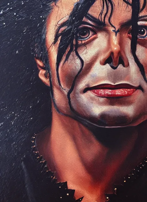 Prompt: portrait of michael jackson as an evil threatening warlord character ( wearing heavy spiked armor ) in mad max 2 : the road warrior, film still, detailed realism face in painting, detailed beautiful portrait, oil painting masterpiece, 8 k resolution, smooth, sharp focus, trending on artstation, by rembrandt