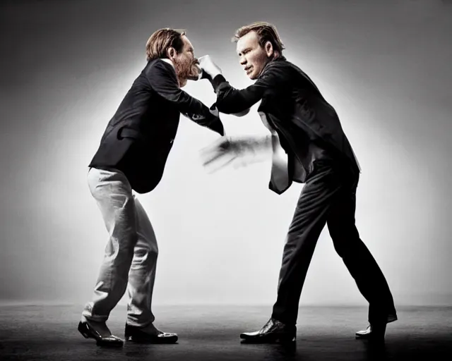 Image similar to Bryan Cranston fighting Ewan McGregor, HD photoshoot, professional lighting