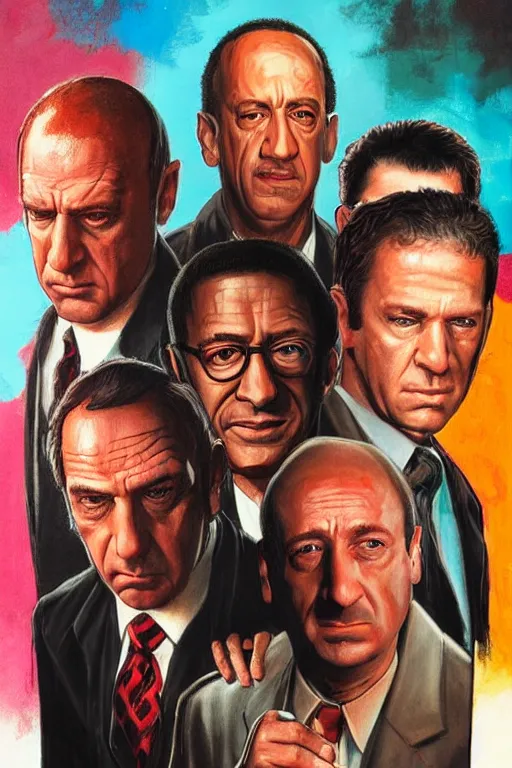 Prompt: drew struzan painting of saul goodman, mike ehrmantraut, kim wexler, and gustavo fring, hd, detailed, photorealistic, perfect likeness, 8 0 s movie poster, rim light