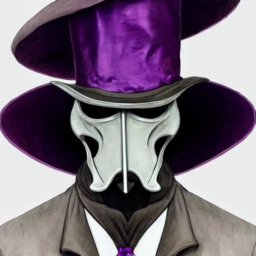 Image similar to mediaeval plague doctor wearing a top hat with a purple ribbon, intricate, epic, highly detailed, digital painting, artstation, concept art, smooth, sharp focus, illustration, unreal engine 5, 8 k, art by artgerm and greg rutkowski and alphonse mucha