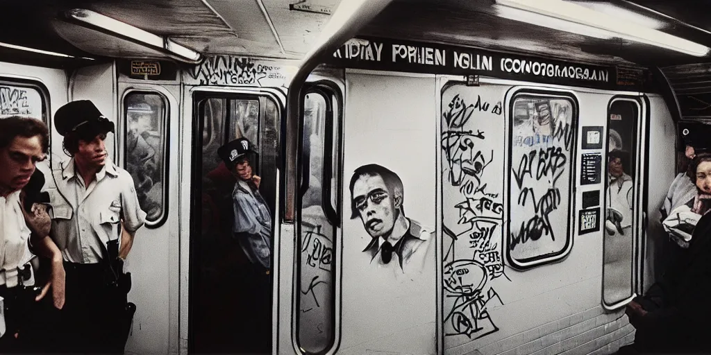 Image similar to new york subway cabin 1 9 8 0 s inside all in graffiti, policeman closeup, coloured film photography, christopher morris photography, bruce davidson photography