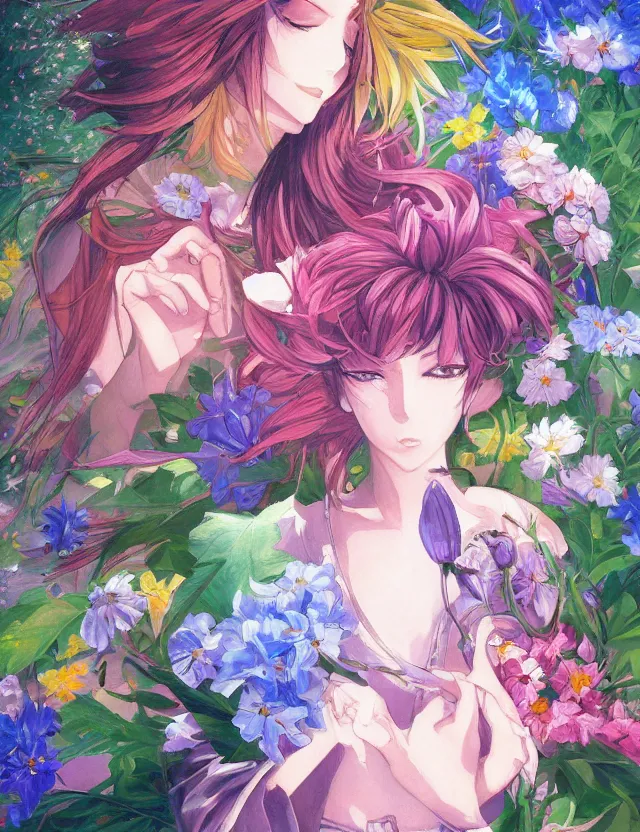 Image similar to androgynous deity of light and flowers. this oil painting by the award - winning mangaka has interesting color contrasts, plenty of details and impeccable lighting.