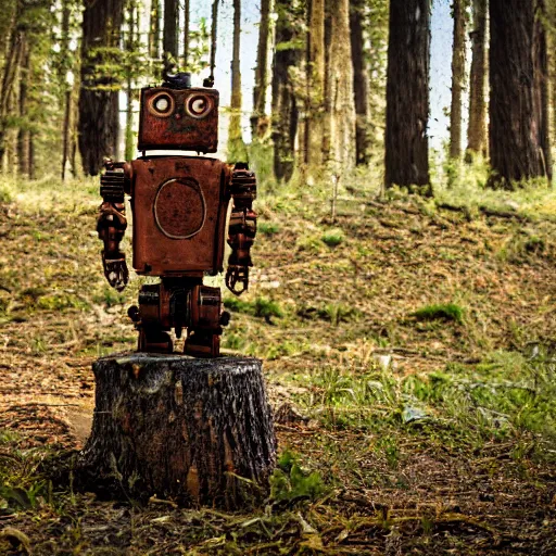 Image similar to rusty robot with a human arm, sitting on a stump in the forest, high quality photo, sigma 5 5 mm