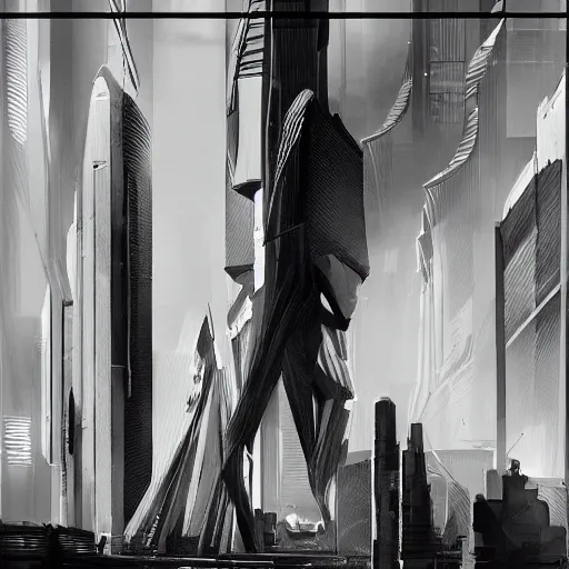 Image similar to a moody black and white neo noir film still of futuristic architecture intricate complexity, by greg rutkowski, artgerm, ross tran, conrad roset, takato yomamoto, ilya kuvshinov. 4 k, beautiful, cinematic dramatic atmosphere