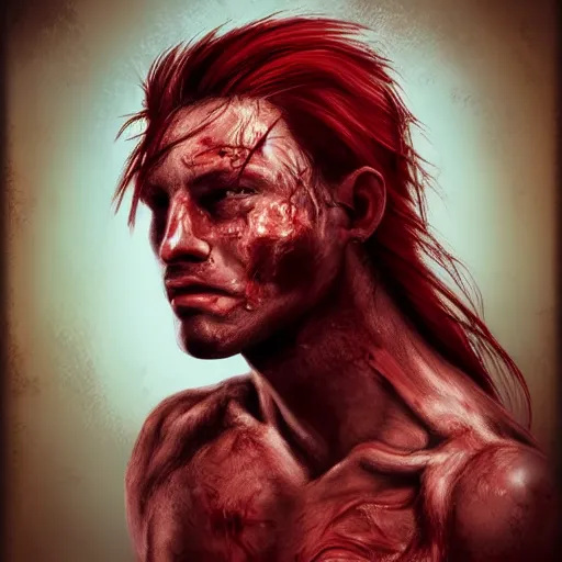 Prompt: portrait, 30 years old man :: red hair ponytail :: burned face, grimy, shirtless :: high detail, digital art, RPG, concept art, illustration, no vignette