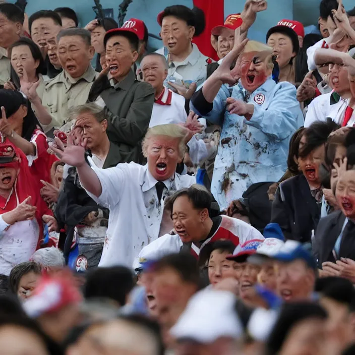 Prompt: zombie donald trump behaving himself as a spectator at the special olympics in north korea