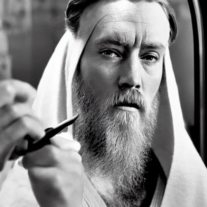 Prompt: obi wan kenobi shaves his beard in front of a mirror, photoralistic rendering, movie still, screenshot, hyperdetailed