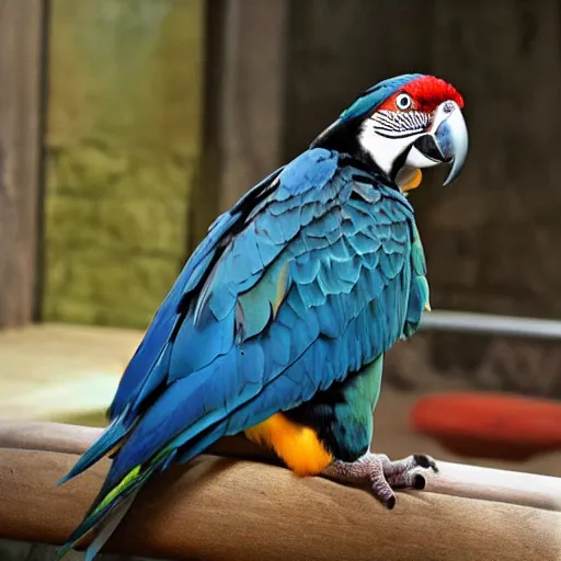 Image similar to Falcon and macaw parrot hybrid animal, realistic photo, taken in zoo,