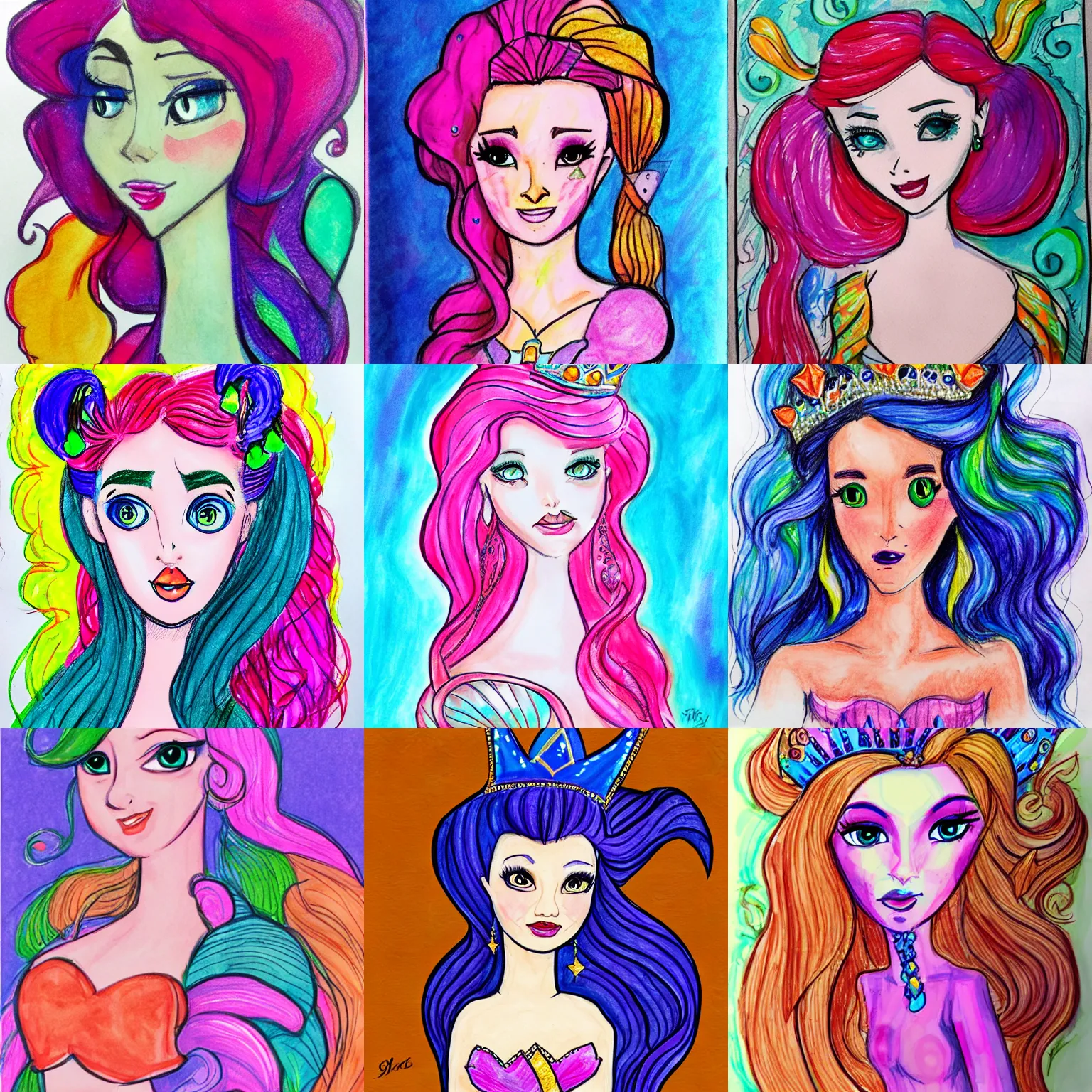 Prompt: princess mermaid, sketch, character portrait, vivid colours, detailed, rough paper, gretlusky