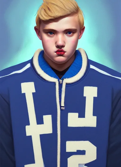 Image similar to portrait of high school senior boy named big moose, blonde short hair, jock, beefy, wide face, square jaw, square facial structure, blue varsity jacket with letter r, intricate, elegant, glowing lights, highly detailed, digital painting, artstation, concept art, sharp focus, illustration, art by wlop, mars ravelo and greg rutkowski