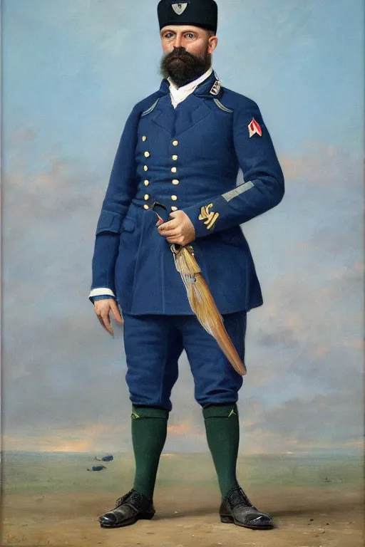 Prompt: full body portrait of the dictator of the minnesota timberwolves, 1 8 8 9, in full military garb, midnight blue, aurora green, lake blue, moonlight grey, oil on canvas by william sidney mount, trending on artstation