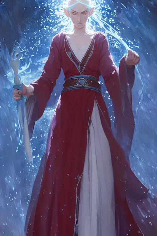 Image similar to elvish female sorcerer doing water magic spells, blue robes, red hair, finely detailed perfect face, exquisite details, mid view, design on a white background, by studio muti, greg rutkowski makoto shinkai takashi takeuchi studio ghibli