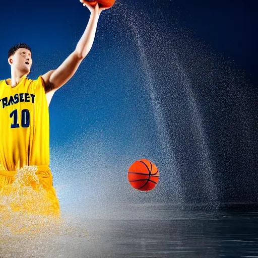 Image similar to a basketball player with yellow shirt catching a ball in the middle of the ocean, splash everywhere, freeze time, detailed, volumetric light, 4 k, dynamic movement, shot with flash, strobist, digital art, dramatic, sharp focus, by annie leibovitz