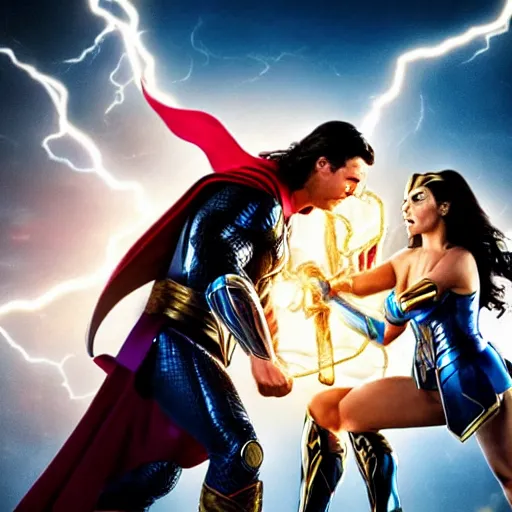 Image similar to thor and wonder woman in new york, fighting against villain electro, cinematic movie scene, epic fight, blue lightning, yellow lightning, photo, effects shot