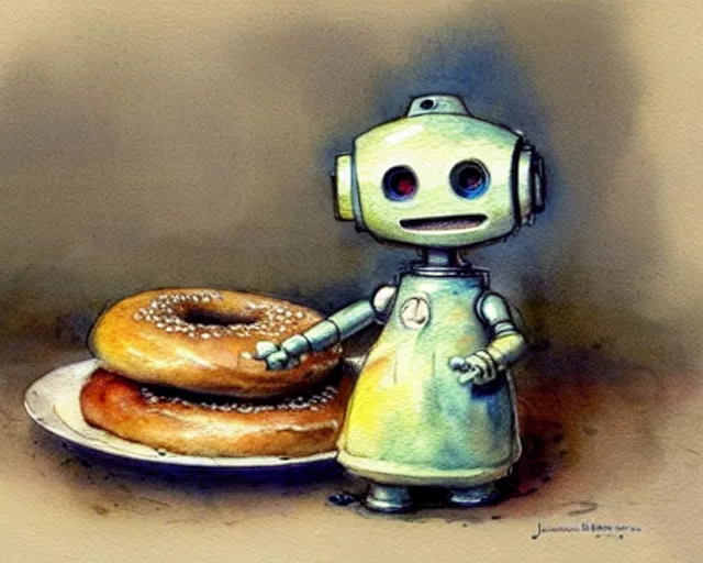 Image similar to a cute little robot in the kitchen baking bagels, holding a tray of bagels, watercolor painting by jean - baptiste monge, muted colors