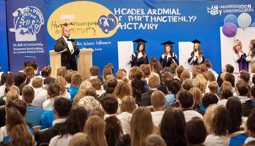 Prompt: Aprofessional photo of a hamster doing speech in front of other graduate hamsters in the hamsters academy, award-winning photo