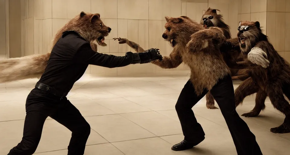 Image similar to still of nicolas cage fighting furry cosplayers, 4 k, amazing details, 3 5 mm, beautiful choreographed fight scene, beautiful composition, shot by director park chan - wook